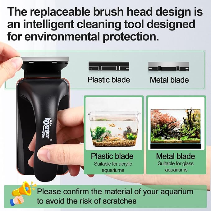 hygger Magnetic Aquarium Fish Tank Glass Cleaner,Detachable Dual-Blades Brush Tool with Floating Scrubber, Double Side Magnetic Scraper for 0.2-0.4 Inch Thick Glass Aquariums Tank (M) | fish tank accessories
