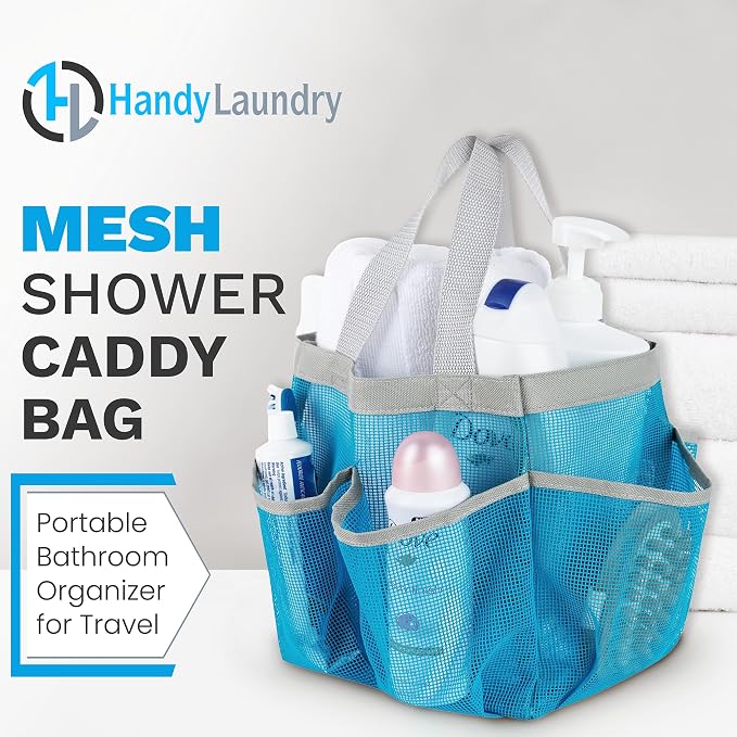 Handy Laundry Mesh Shower Caddy - 7 Pocket Portable Bathroom Organizer Tote for Travel, Gym & Dorm - Collapsible Small Shower Caddy Bag to Hold Toiletries & Essentials (Blue)