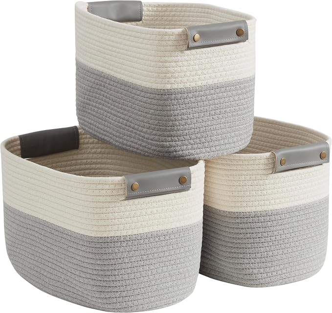 3 Pack Woven Cotton Rope Storage Basket, 15x10x9, White/Gray | Faux Leather Handles; Decorative Closet Shelf Organizer; Ideal for Storage & Organization