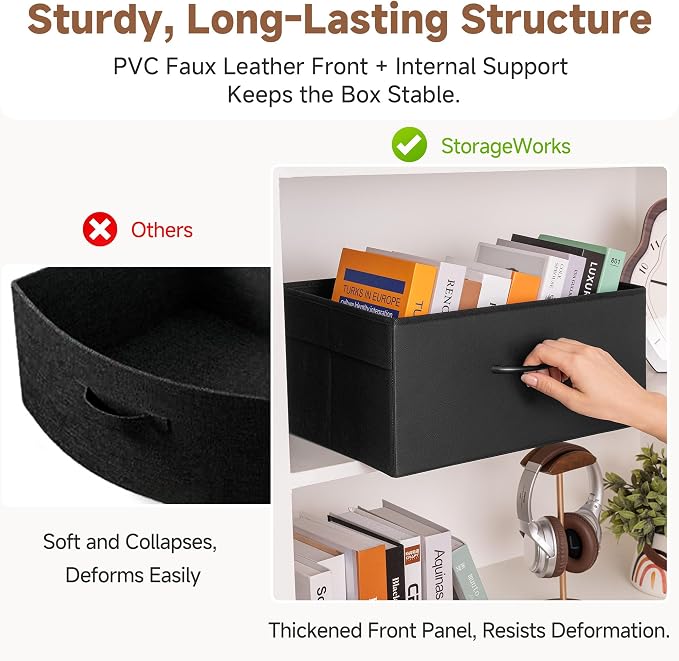 StorageWorks Black Storage Bins, Leather Storage Baskets, Large, 4-Pack | Reinforced Handles, Faux Leather Front, Non-woven Fabric, Collapsible, Space-Saving, Closet Organizers and Storage Bins