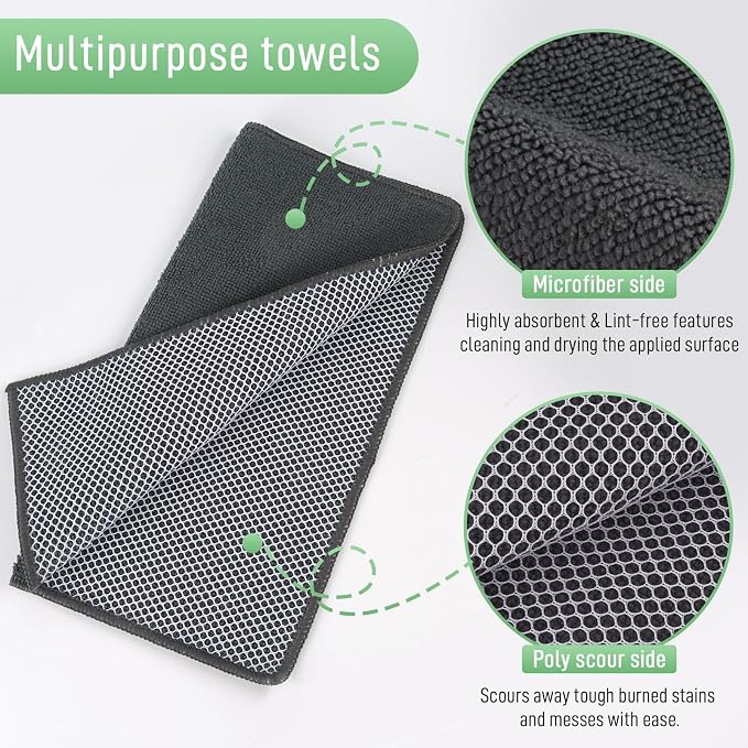 Dish Cloth for Washing Dishes Kitchen Washcloth Cleaning Cloth | 12x12inch 20pack Kitchen Towels Rags, Microfiber Cleaning Cloths, Wash Cloths with Poly Scour Side, Wholesale, Dark Grey