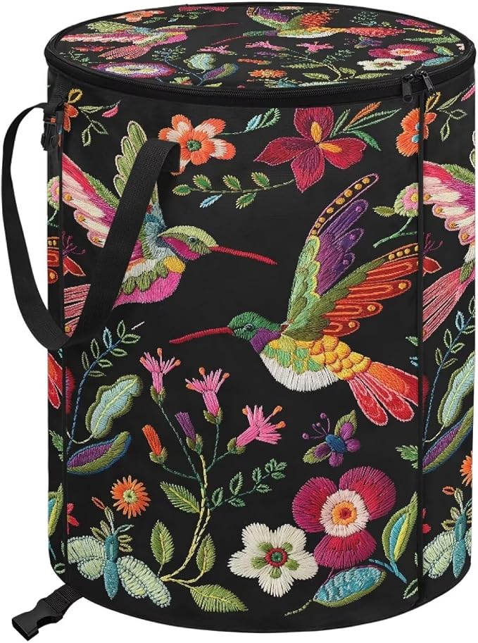 Vintage Flower Hummingbird Foldable Trash Bag with Lid and Handles 24 Gallon Large Capacity Collapsible Garden Leaf Bin Reusable Waster Bags for Camping Outdoor Picnics