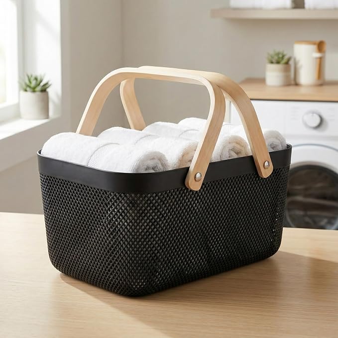 Simplify Large Mesh Plastic Storage Basket with Wooden Handle Black Color | Garden Harvest Organizer | Kitchen Pantry Storage Bin