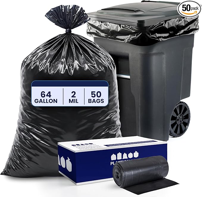 Plasticplace - W65LDBTL2RL 64-65 Gallon Trash Can Liners for Toter │ 2.0 Mil │ Black Heavy Duty Garbage Bags │ Rolls │ 49” x 59” (50 Count)