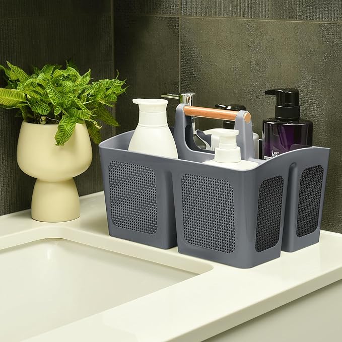 ALINK Portable Shower Caddy Basket with Compartments, Plastic Divided Cleaning Caddy Organizer Storage Tote with Handle for Bathroom, College, Dorm Room Essentials, Dark Gray