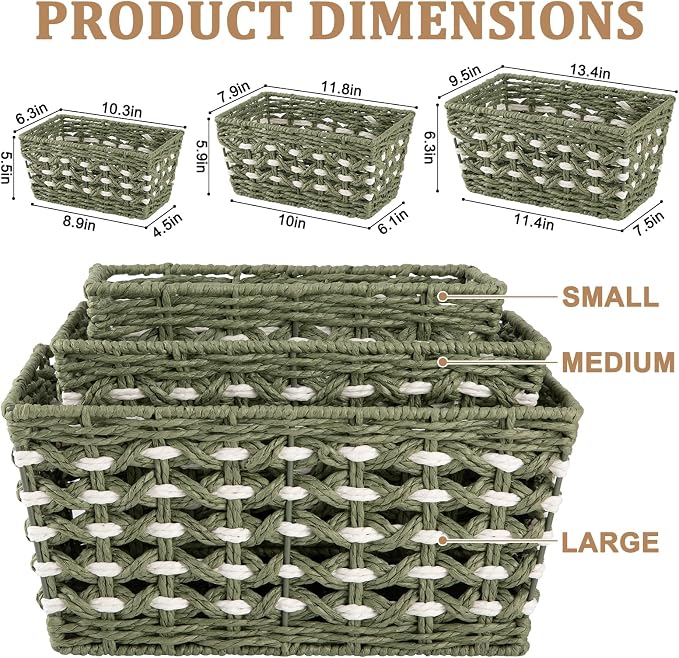 OIAHOMY Wicker Storage Baskets, Paper Rope Shelf Bins, Decortive Baskets for Organizing, Set of 3-Green & White