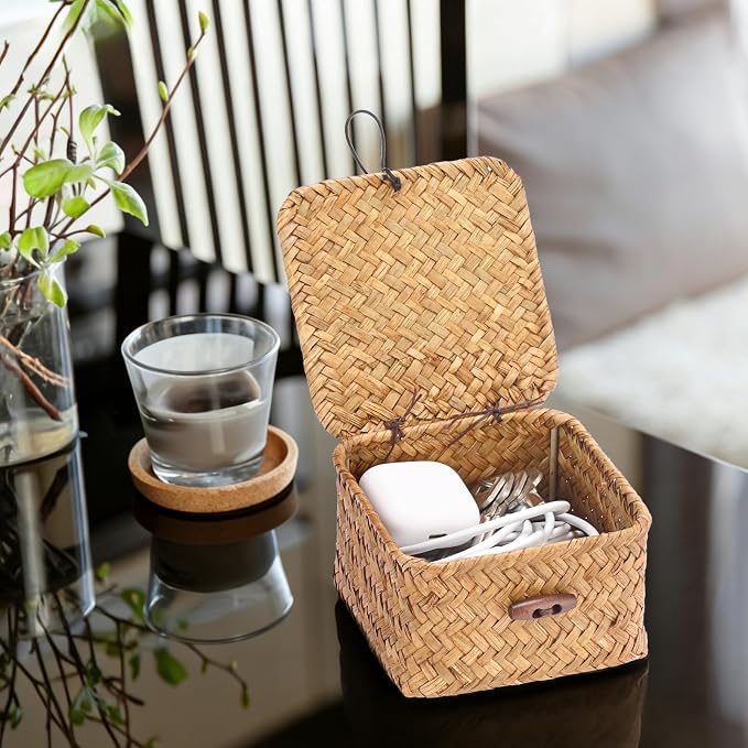 Hipiwe Handwoven Seagrass Basket Decorative Shelf Basket with Lid Mini Square Wicker Storage Box, Caramel Color, 4.7" x 4.7" x 3"