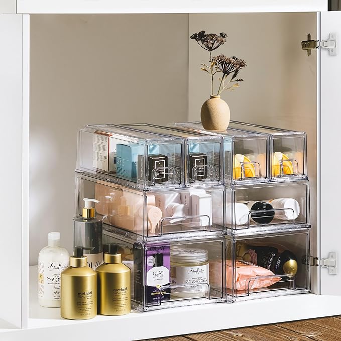 Sorbus Clear Stackable Storage Drawers with Pull-Out Bins (Small, 4 Pack) | Easy-access plastic organization for pantries, offices, bathrooms and closets; supports sorting and visibility.