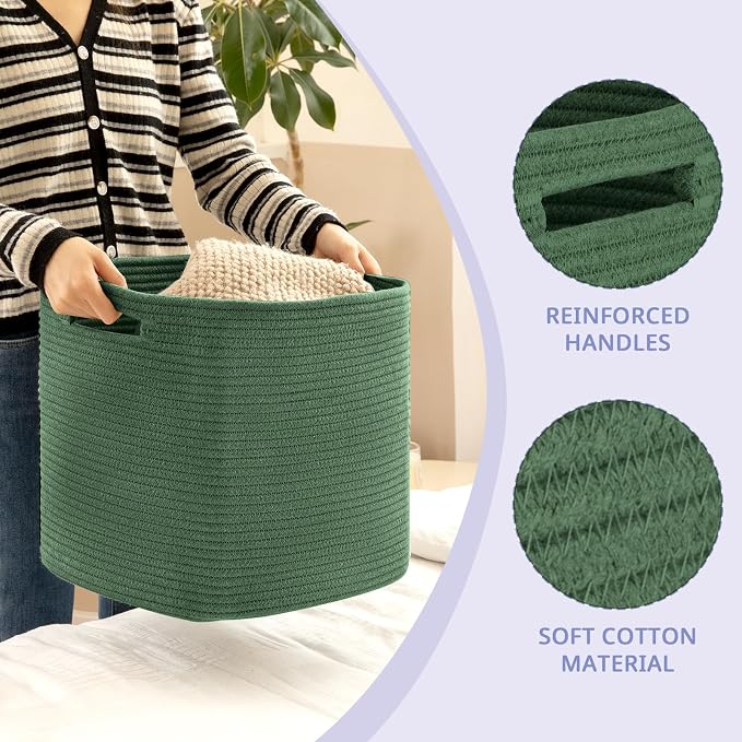 OIAHOMY 3 PACK Cube Storage Bin 13 Inch Collapsible Storage Cube Green | Cube Storage Organizer Storage Bins for Shelves Baskets for Organizing Woven Rope Storage Baskets