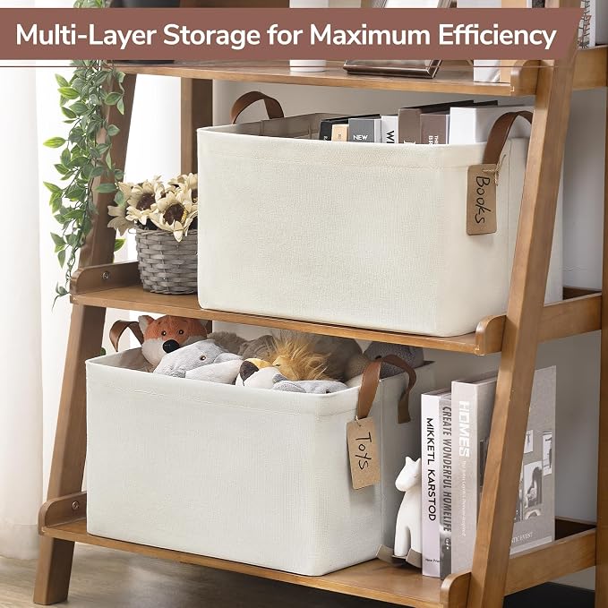 CHICVITA 4 Pack Large Fabric Storage Baskets for Shelves, 30L Beige | 16.8" × 11" × 9.8" Closet Storage Bins for Clothes, Towels & Blankets, Collapsible, Metal Frame, Leather Handles