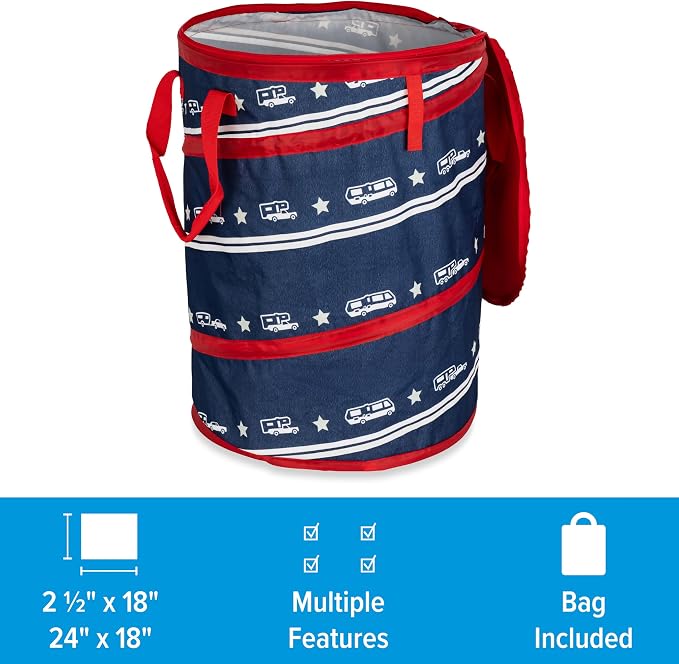 Camco Campsite Pop Up Utility Container with Liner and Zipper Close Lid for RV Storage, Laundry Hampers, and Organization, Patriotic
