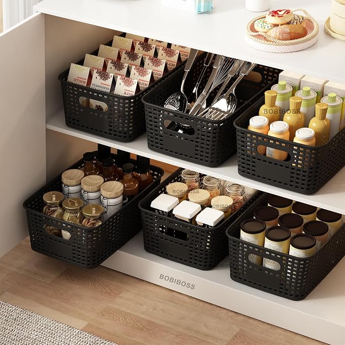 Black Plastic Storage Basket for Organizing 12 Pack Small Storage Bins Container for Shelves, Shelf Baskets with Handles for Classroom, Closet, Pantry Organization