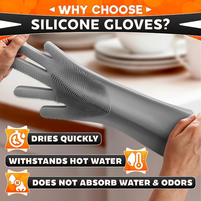 ALPENKOK Silicone Gloves for Washing Dishes, Reusable, Non-Slip (Grey) | Tear-Resistant, Water-Blocking, Dense Bristles; Dog Washing Gloves for Pet Use, Kitchen Cleaning & Daily Chores