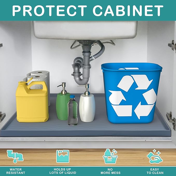 URMONA Waterproof Silicone Under Sink Mat 40'' x 22'' Shelf Liner for Kitchen and Bathroom, Cabinet and Counter Protector, Storage and Organizers, Litter Mat, Pet Cat Puppy Essentials(Khaki)