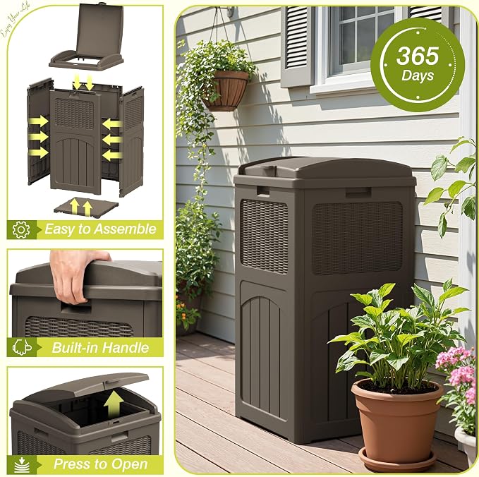 Greesum 33 Gallon Outdoor Trash Can with Lid, Waterproof, Dark Brown | Resin Garbage Bin,UV-resistant for Hideaway, Patio, Deck, Light