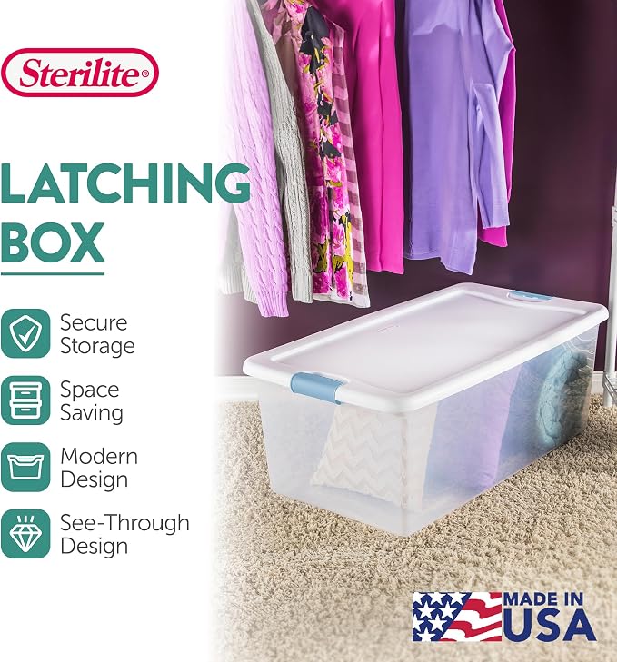 Sterilite Latching Box with Lids for Home and Office, 106 Quart, 12-Pack | Heavy-Duty and Stackable Plastic Containers with Latches for Closet, Cabinet, Bedroom, Bathroom and Dorm Room Organization