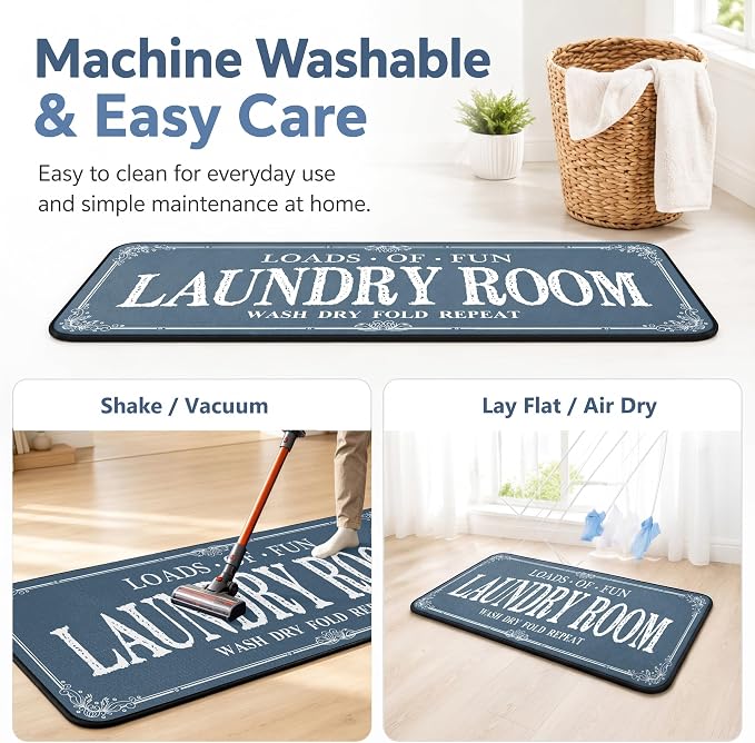 ROMAMIGO Laundry Room Rug Runner Non Slip Laundry Mats Mudroom Runner Farmhouse Kitchen Floor Mat Bathroom Laundry Room Decor Accessories(Blue, 20 X 47 inch)
