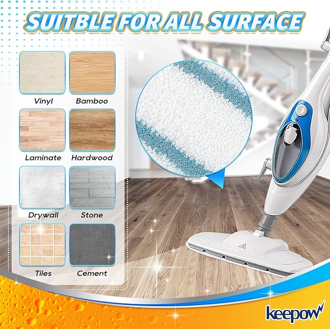 KEEPOW Steam Mop Pads Set Compatible with PurSteam ThermaPro 10-in-1 | 4 Pack Steam Mop Pads & 2 Universal Microfiber Cloths, Washable Reusable Replacement Pads for Floor Cleaning