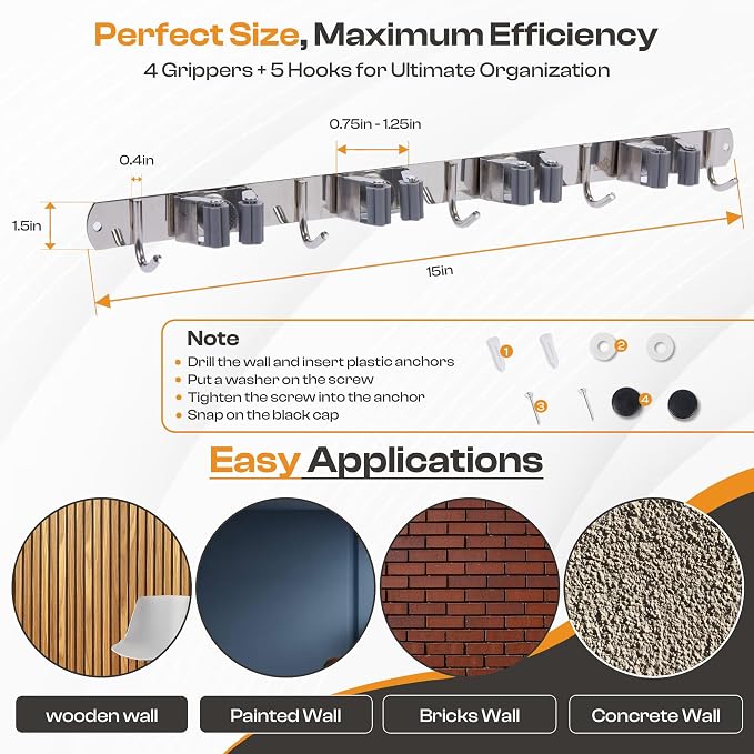 Stainless Steel Broom Holder Wall Mount, 4 Racks & 5 Hooks | Rust-resistant organizer for mops, brooms, tools and garden equipment, adjustable wall storage, silver