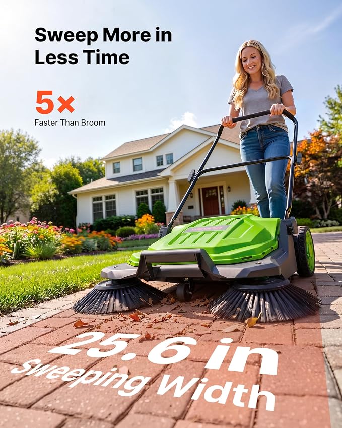 VEVOR Walk-Behind Hand Push Floor Sweeper, Manual Floor Sweeper Non-Electric with 25.6" Sweeping Width, 5 Gallons Waste Container & Adjustable Folding Handle for Yards Walkways Patios Garages - Green