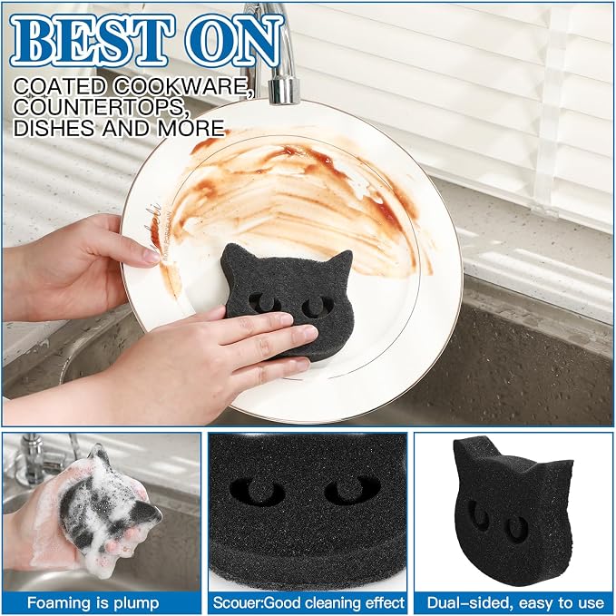 Tioncy 12 Pack Halloween Black Cat Kitchen Sponges | Dual Sided Scrubber, Gothic Halloween Decor, Reusable Non Scratch Dishwashing, for Cookware Pot Boiler Pan Household