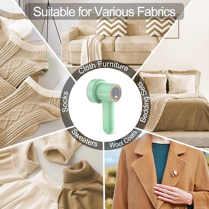 HOMEASY Fabric Shaver, Rechargeable Lint Remover for Clothes Green | Electric sweater shaver and depiller with 70mm head, 6-leaf blades, LED battery display and Type-C charging for Furniture