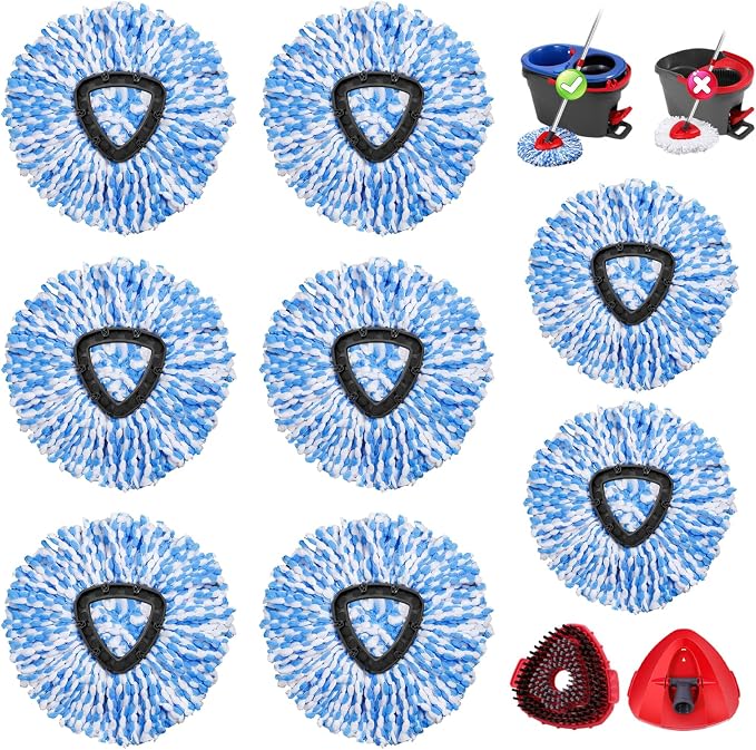 8 Pack Spin Mop Replacement Heads for OCedar RinseClean 2-Tank System, 100% Blue Microfiber Refills, Includes 1 Scrub Brush & 1 Base, Machine Washable Deep Cleaning Floor Mop Head