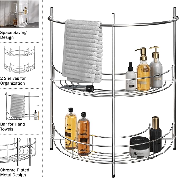 Lavish Home Pedestal Sink Organizer, Silver, 21.25” x 11” x 23.25” | Compact Under the Sink Rack with 2 Storage Shelves and Towel Holder, Space Saving Bathroom Storage