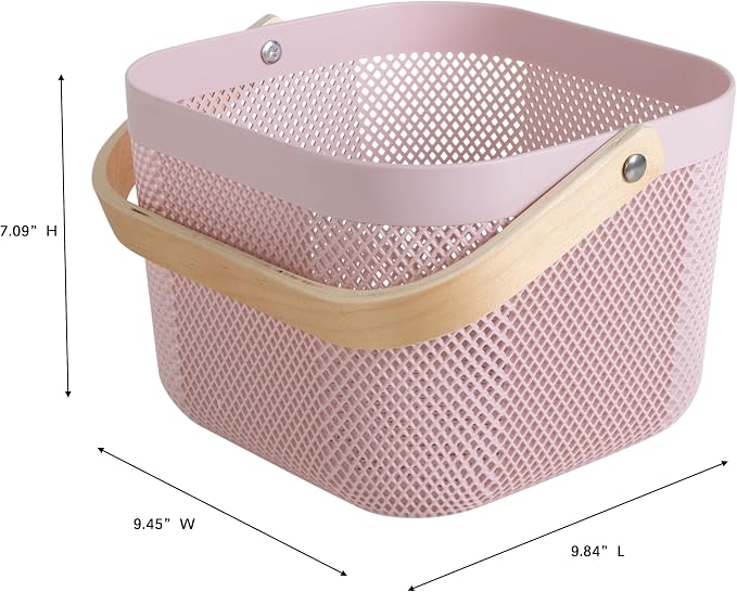 Simplify Small Mesh Storage Basket with Wooden Handle | Blush Color | Plastic Organizer Bin | Pantry Organization | Cabinet Storage