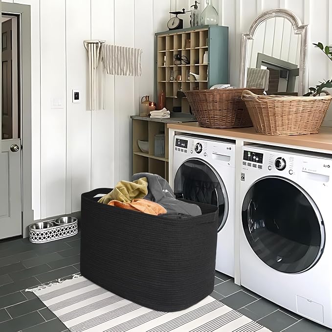 MEGASKET 108L Extra Large Storage Basket, 25" x 16" x 16" Black Blanket Basket Living Room, Oversized Cotton Rope Blanket Storage, Woven Kids Dog Toy Bin Box Organizer, Laundry Shoes Towel Bin, Black