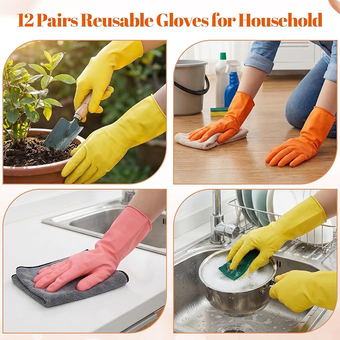 12 Pairs Kitchen Gloves for Washing Dishes, Rubber Cleaning Gloves for Dishwashing, Household Washing Dishes Cleaning Gardening, Non-Slip Dishwashing Gloves Reusable for Women Men, 3 Colors