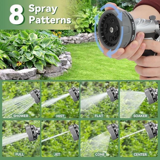Garden Hose Nozzle, Heavy Duty Metal Water Hose Nozzle with 8 Adjustable Spray Patterns, High Pressure Hand Sprayer with Flow Control for for Garden Watering, Car & Pet Washing