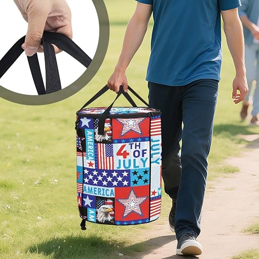 24Gal July 4th Eagle Collapsible Trash Can - Waterproof Pop-Up Bin w/Lid for Camping & Backyard | Leakproof Yard Waste Bag (Patriotic Decor)