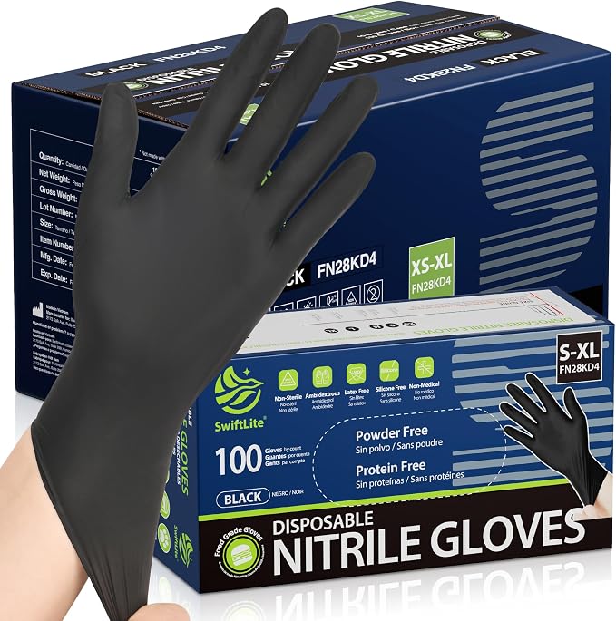 Black Nitrile Gloves Disposable Latex Free, Food Safe | Rubber Gloves Powder Free for Cooking, Food Prep, Kitchen Cleaning