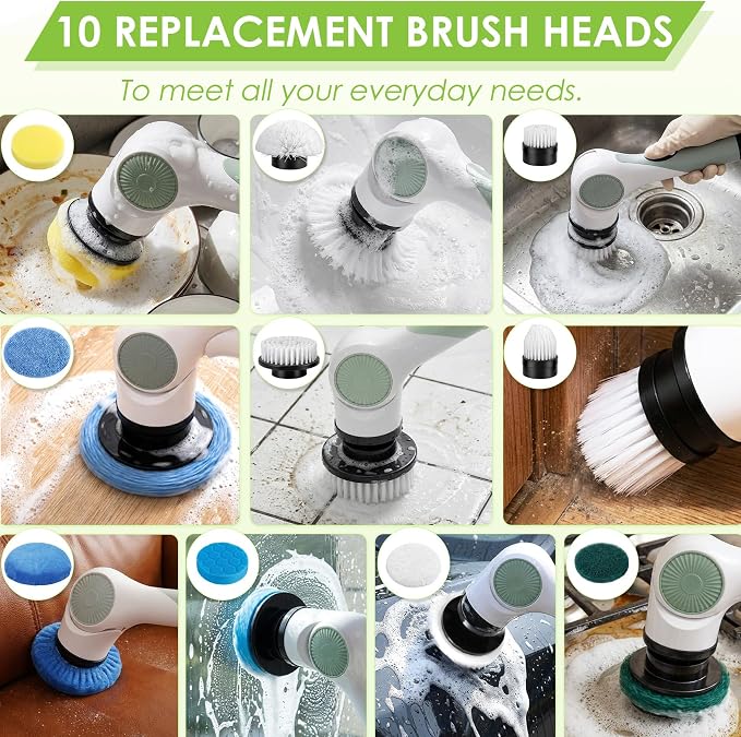 Cordless Electric Spin Scrubber with 10 Replaceable Heads and Long Handle | 3 adjustable lengths, 3 adjustable speeds, 90‑minute runtime, 10 Heads, Waterproof Design for tubs, floors, grout, and cars