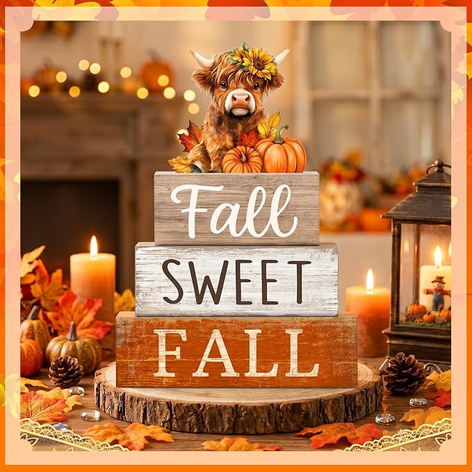 Moucuny 4 Pcs Fall Wooden Block Signs, Highland Cow Tiered Tray Farmhouse | Rustic Farmhouse Centerpiece for Kitchen Shelf Bathroom Laundry Room, Sweet Fall Harvest Theme Home Decor Gift