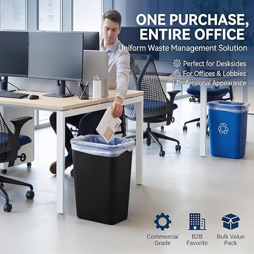 10 Pack, Recycle Wastebasket, 41 Qt./10 Gallon Rectangular Wastebasket / Trash Can Kit - Space Saving Recycling Bin, Narrow Spaces in Commercial, Kitchen, Home, Office, and Dorm - Black and Blue