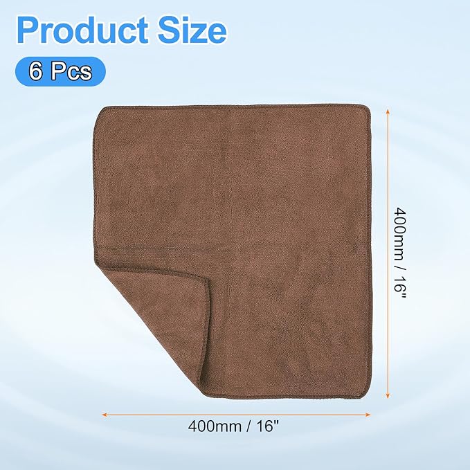 HARFINGTON 6 Pack Microfiber Cleaning Cloth, 16" x 16" Multi-Functional Cleaning Towels Reusable Absorbent Rags for Car Wash Kitchen Household Window Clean, Brown