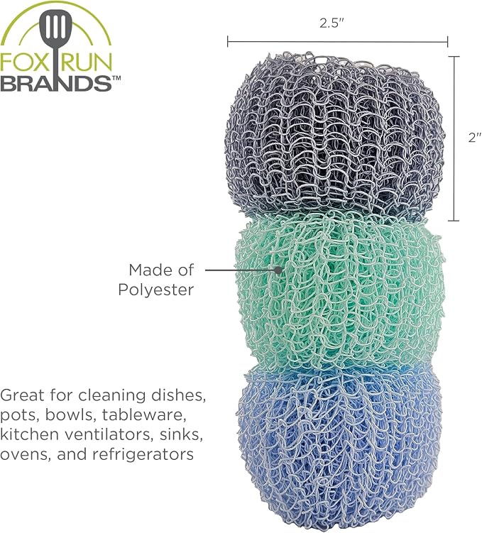 Fox Run Mesh Dish Scrubber Set, 3 Multicolor Polyester Kitchen Cleaners | Easily Clean Plates, Pots & Glasses | Dish Sponges For Nonstick Pans | Kitchen Cleaning | Reusable Kitchen Scrub Sponge Set