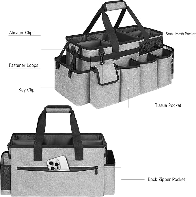 Cleaning Caddy Bag,Extra Large Cleaning Supplies Organizer with Handle for Housekeepers,Gray