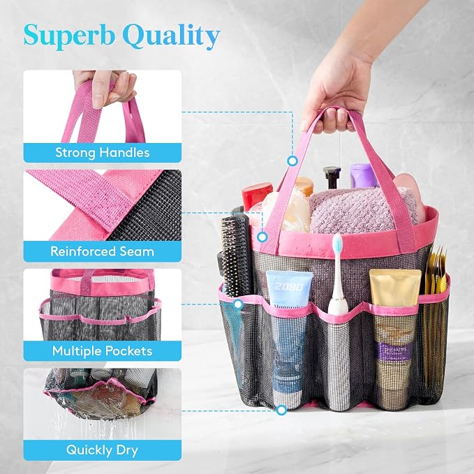 Lifewit Mesh Shower Caddy Portable for College Dorm Room Essentials with 7 Pockets, Freestanding Hanging Organizer Basket, Quick Dry Tote Bag for Camping, Bathroom, Beach, Travel, 1 Pack, Pink | 2 Handles, Freestanding, Quick Dry Tote Bag, 7 Pockets, f...