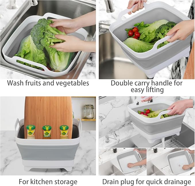 Dishpan for Washing Dishes, 2.4Gal/9L Wash Basin with Draining Plug Carry Handles, Collapsible Bucket for Cleaning, Portable Sink, Foldable Plastic Tub