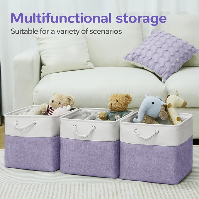 13x13 Inch Foldable Fabric Cube Storage Bins with Handles 6 Pack | Sturdy Metal Strand, Cardboard Support Molding, Storage Basket, Cube Storage Bin for Shelves, Closet, Bedroom, White/Purple