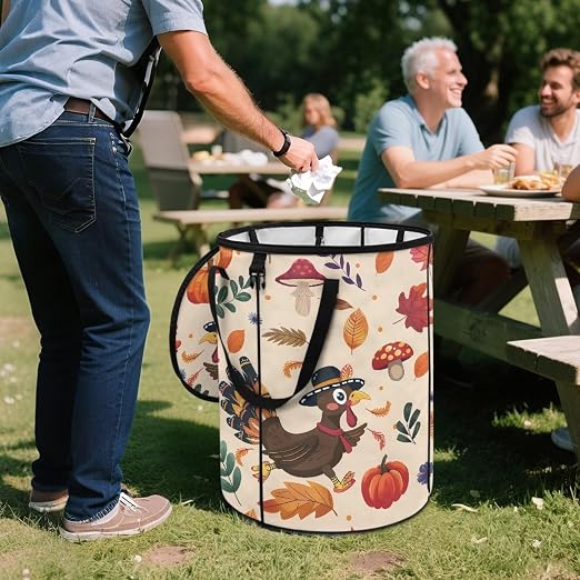 doginthehole Fall Leaves Pumpkin Turkey Outdoor Trash Can Storage Collapsible Pop-up Recycle Trash Can 22.83x17.71 Waterproof Garbage Bin Bag with Lid, Thanksgiving Day Party Supplies Fall Decor