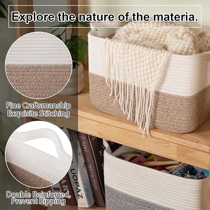 OIAHOMY Woven Storage Basket for Shelves, Rectangle Cotton Rope Baskets for Organizing, 16 x 12 x 10 in, Storage Bins for Dog Toys,Towel,Books,Gift,Brown and White