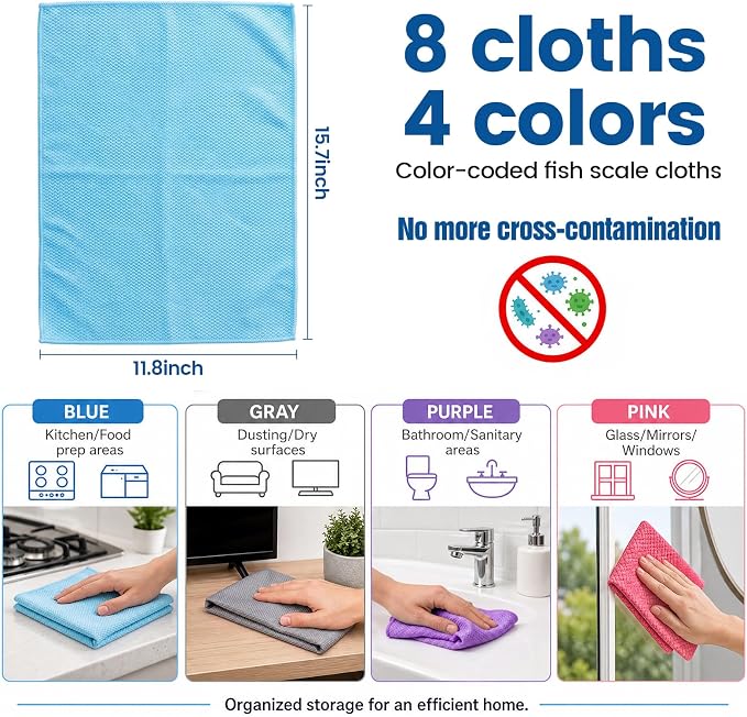 Niveaya Microfiber Glass Cleaning Cloth, Reusable Fish Scale Cloth 8 Pack | Streak Free Lint Free Cleaning Towels, Quick Drying Polishing Cloth for Window, Kitchen, Shower, Stainless Steel, Auto