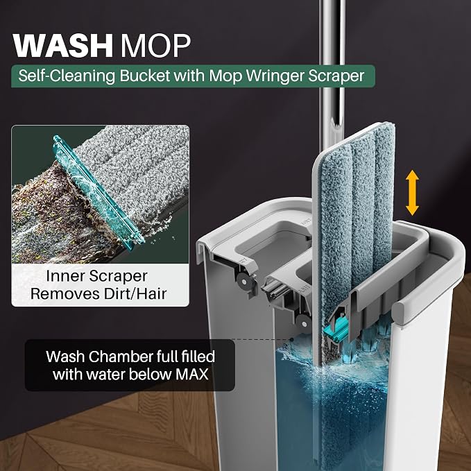 JOYMOOP Flat Mop System, Microfiber Mop and Bucket Set, White, Hands-Free Floor Cleaning Set with Wringer, 60" Handle, Wet and Dry Use, 5 Reusable Pads