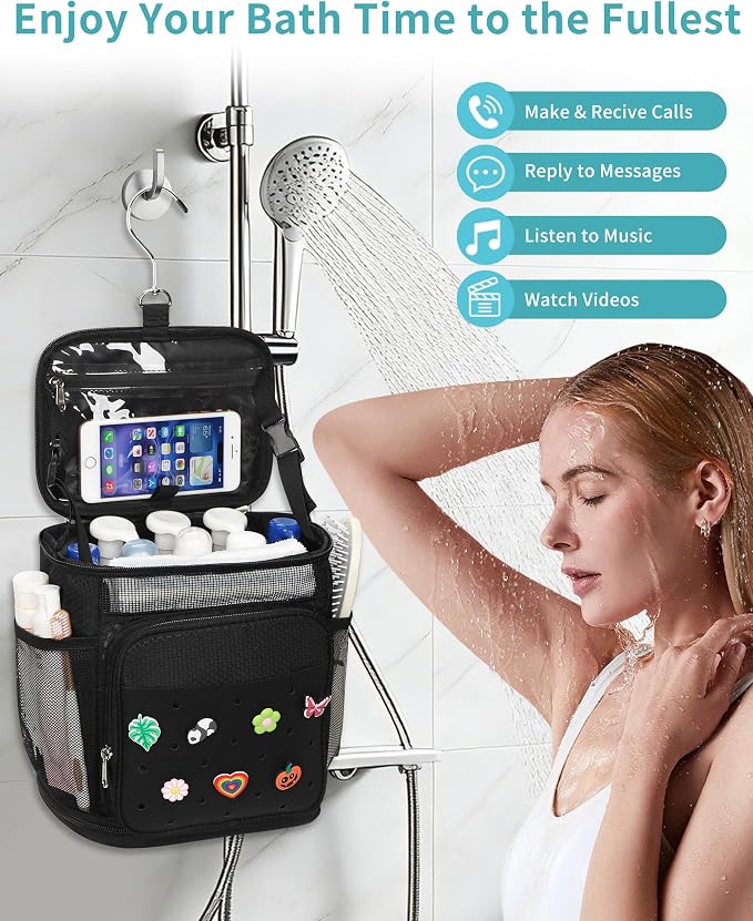 Shower Caddy Portable, Hanging Shower Caddy for College Dorm Room Essentials, Mesh Shower Bag with DIY Decoration Charms, Large Capacity Toiletry Bag for Gym, Swiming, Camping, Bathroom, Beach, Travel