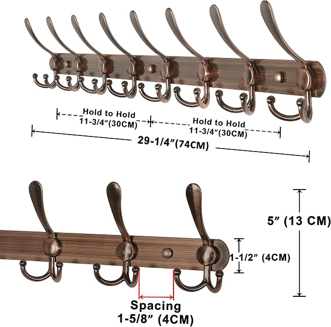Dseap Coat Rack Wall Mount - 29.5” Long 8-Tri-Hooks Heavy Duty Coat Hanger Rail Wall Hooks for Hanging Coats Hats Clothing Clothes Purse Mudroom Entryway, Pack of 2