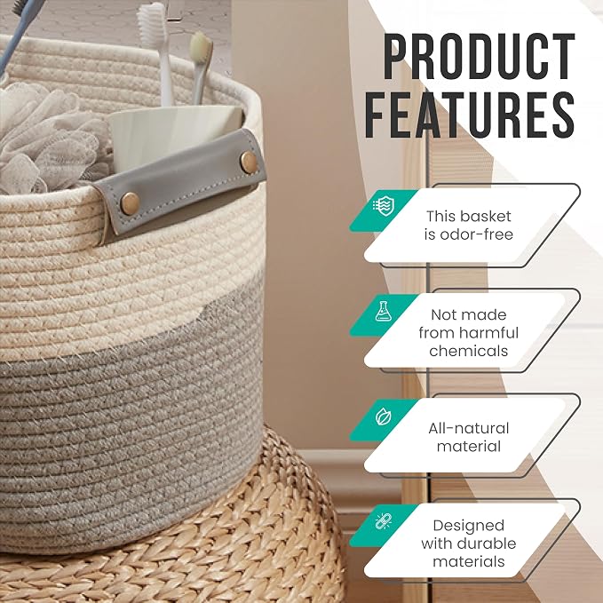 3 Pack Woven Cotton Rope Storage Basket, 15x10x9, White/Gray | Faux Leather Handles; Decorative Closet Shelf Organizer; Ideal for Storage & Organization